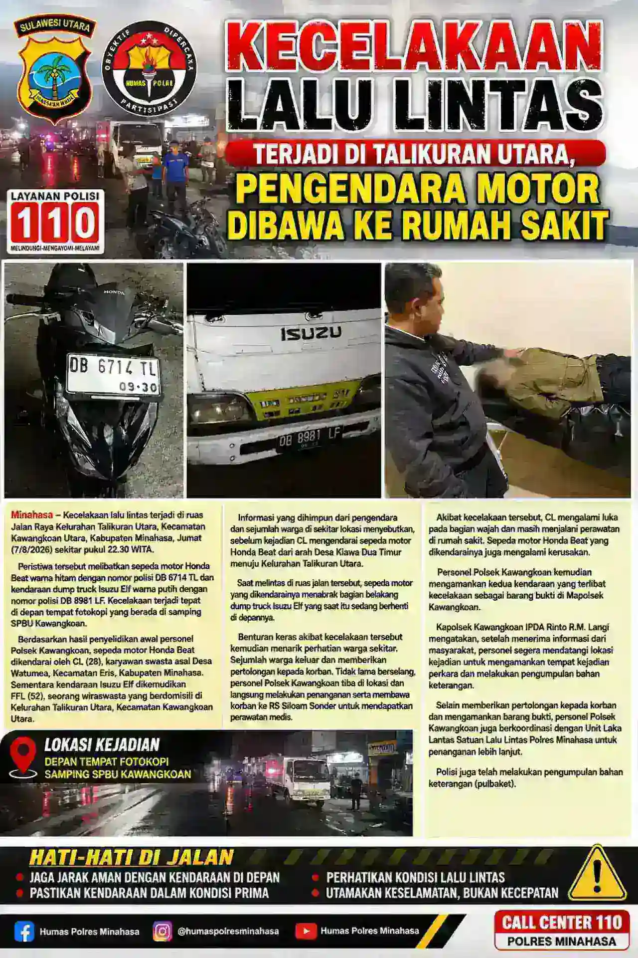 Kecelakaan Lalu Lintas Terjadi Di Talikuran Utara, Pengendara Motor Dibawa Ke Rumah Sakit